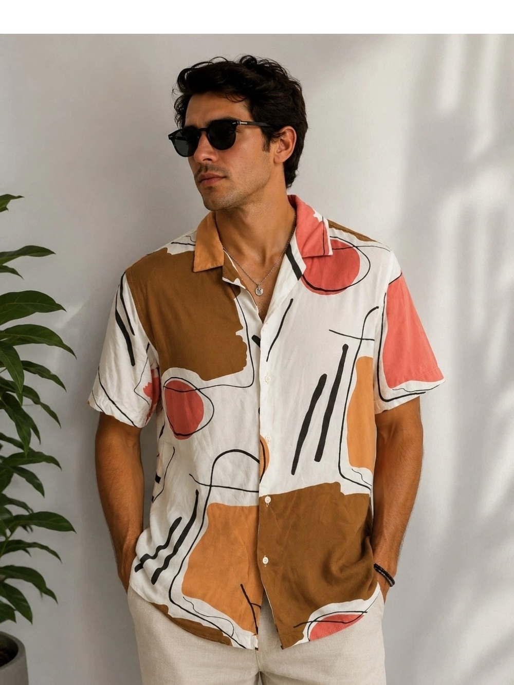 Zara Men's Abstract Button-Down Shirt - White, Brown & Coral